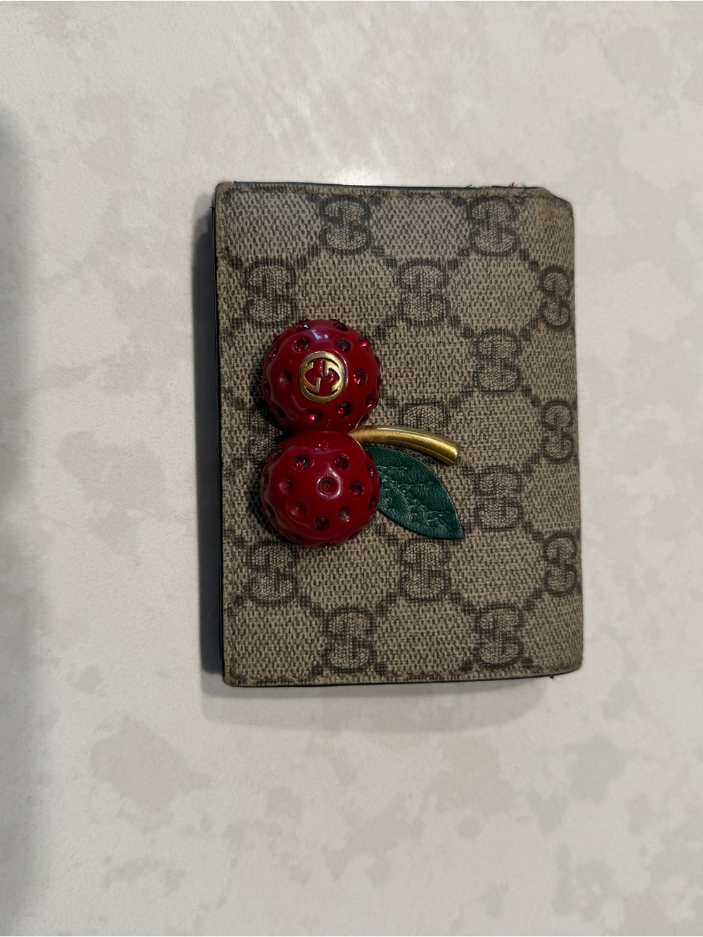 Gucci Beige GG Canvas Card Holder with Red Cherry Detail
